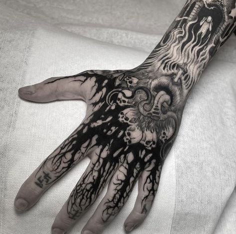 Hades Hand Tattoo, Gore Tattoo Design, Dante’s Inferno Tattoo, Dantes Inferno Tattoo, Devil Hand Tattoo, Dante Tattoo, Back Of Hand Tattoos, Bone Hand Tattoo, Zombie Tattoos