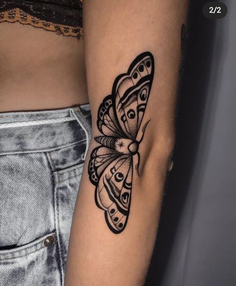 Butterfly Tattoo On Sleeve, Moth Tattoo Design Arm, Moth To Butterfly Tattoo, Moth In Elbow Tattoo, Folding Moth Tattoo, Moth Tattoo Feminine, Traditional Style Moth Tattoo, Retro Butterfly Tattoo, Moth Elbow Bend Tattoo