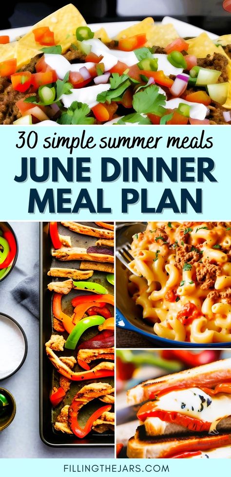 Text 30 simple summer meals June dinner meal plan on light turquoise banner over multiple finished dinner images. Monthly Dinner Menu Ideas, Simple Summer Dinners, Monthly Menu Ideas, Ranch Chicken Bake, 30 Dinner Ideas, Welcome To June, Dinner Meal Plan, Bacon Ranch Chicken, Monthly Meal Plan