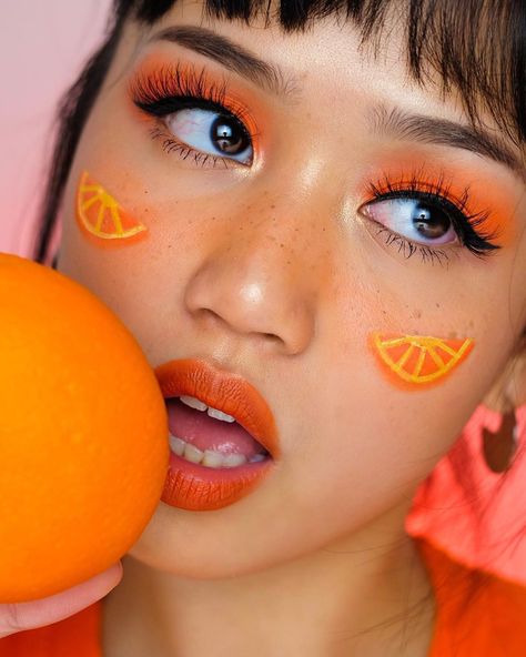 Orange Fruit Makeup, Fruit Face Painting, Fruit Face Paint, Fruit Inspired Makeup, Orange Fruit Costume, Fruit Outfits, Fruit Makeup, Fruit Costumes, Vampire Bride