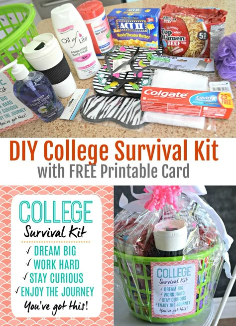 Dorm Room Survival Kit Gift Ideas, Going Off To College Gifts, Dollar Tree Graduation Gifts, Uni Survival Kit, College Student Care Package Ideas, Student Care Package Ideas, High School Graduation Gift Basket, College Basket, College Gift Baskets