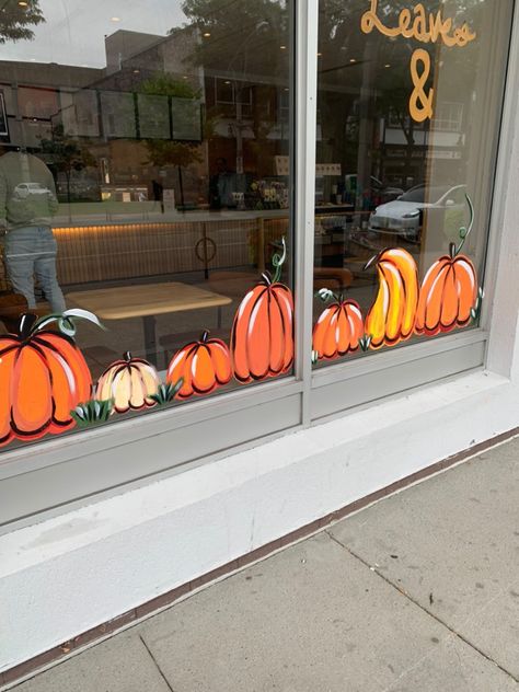 Fall Pumpkin Window Painting, Autumn Cafe Decor, Storefront Fall Decor, Autumn Coffee Shop Decor, Coffee Window Art, Snoopy Window Painting, Coffee Shop Fall Decor, Fall Cafe Decor, November Window Art