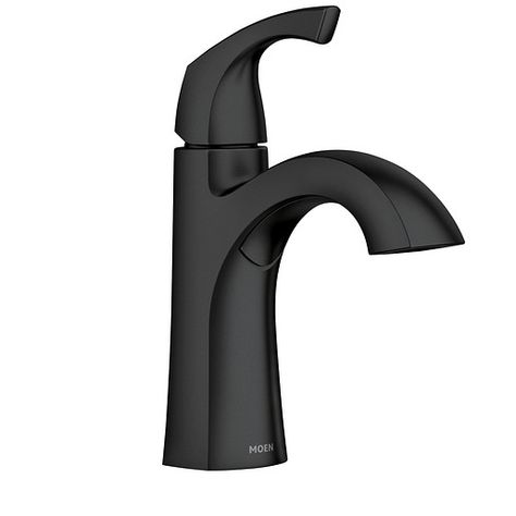 Lindor Matte black one-handle high arc bathroom faucet -- 84505BL -- Moen Black Bathroom Fixtures, Black Faucets, Matte Black Bathroom Faucet, Moody Bathroom, Black Bathroom Faucet, Water Stream, Matte Black Bathroom, Custom Countertops, Black Faucet