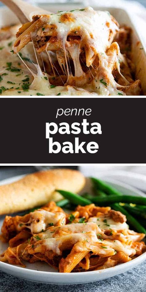 Pure comfort food, this Penne Pasta Bake recipe has a meaty, creamy sauce and lots and lots of cheese. It is perfect for a busy night, and is perfect for feeding a crowd. #recipe #dinner #pasta #pennepasta #pastabake Penne Pasta Bake, Baked Penne Pasta, Gnocchi Dishes, Penne Recipes, Beef Casseroles, Penne Pasta Recipes, Pasta Bake Recipe, Baked Penne, Best Pasta Dishes