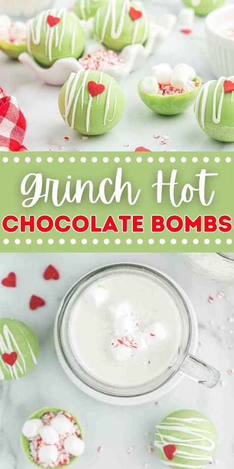 Grinch Hot Chocolate Bombs are so fun and festive. These hot cocoa bombs are perfect for movie night and make a great gift. The festive outside is the perfect shade of green topped with a heart. The inside is packed with crushed candy canes, mini marshmallows and hot chocolate mix. #dessertsonadime #grinchhotchocolatebombs #hotchocolatebombrecipe Grinch Hot Chocolate, Popular Christmas Movies, Bomb Drinks, Fine Dining Desserts, Peppermint Hot Cocoa, Christmas Baking Recipes, Boozy Desserts, Bombe Recipe, Christmas Hot Chocolate