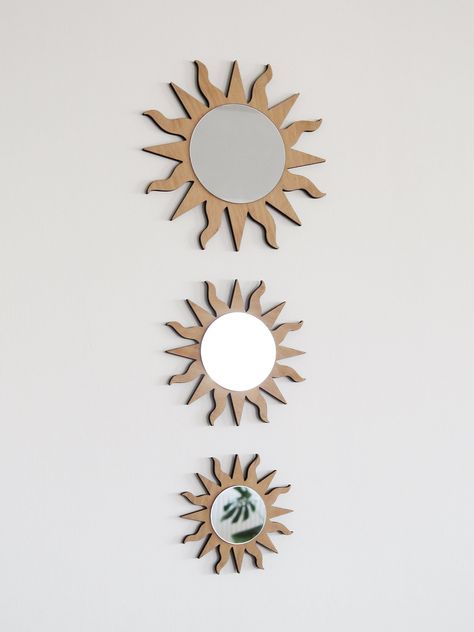 Boho Wooden Sun Mirror, Sunburst Mirror Set Of 3, Boho Mirror Sun Shaped, Boho Wall Mirror Black, Boho Shelf’s Sun Shaped, Sunbirst Mirror, Home Decor Girly, Gold Entryway, Round Wooden Mirror