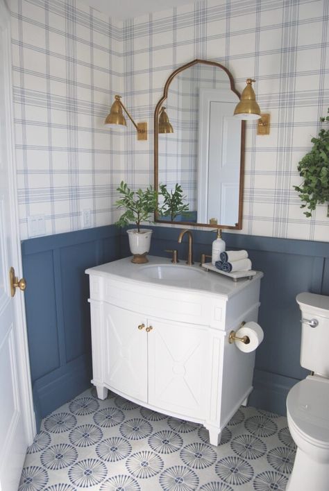 Bathroom Design with York Wallpaper - Home By Heidi Boys Bathroom Ideas Kid, Half Bath Wallpaper, Boy Bath, Everything I Own, Cedar Homes, Plaid Wallpaper, York Wallpaper, Powder Room Design, Hall Bathroom