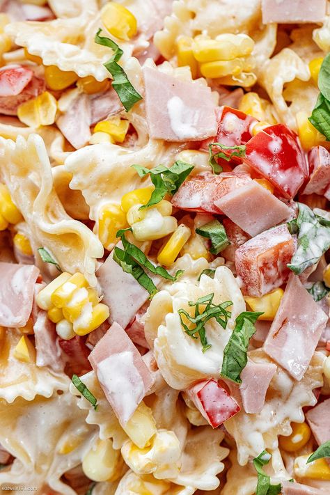 Pasta Salad Work Lunch, Meal Prep Pasta Salads, Ham And Corn Pasta Salad, Lunch Ideas For Work Pasta, Ham Ranch Pasta Salad, Pasta Salad With Ham Recipes, Ham Pasta Salad Recipes Cold, Creamy Ham Pasta Salad, Ham Pasta Recipes Dinners