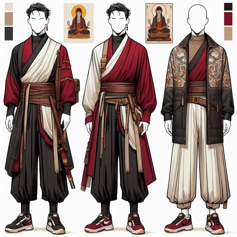 Japanese Warrior Outfit Male, Native American Clothing Traditional Men, Traditional Indian Outfits Men, Ancient Japanese Clothing Men, Modern Monk Fashion, Dnd Fashion Male, Desert Clothing Male, Monk Outfit Design, God Clothes Design Male