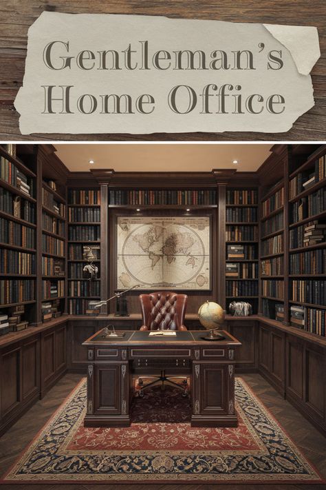 Looking to elevate your gentleman’s office? Consider a classic office desk paired with a deep leather chair 🛋️. Add a touch of luxury with rich wood shelving, perfect for a home library design 📚. A dark office design creates a moody yet refined atmosphere, while black & cognac office accents add that sophisticated touch 🖤 #GentlemansOffice #ClassicOffice #LuxuryOffice #MensLibraryStudy #DarkOfficeDesign #TraditionalOffice #MasculineHomeDesign #HomeLibraryDesign #IndustrialOffice #RusticOffice Restoration Hardware Office Ideas, Dark Office Design, Mens Study Office, Gentleman's Office, Dream Office Luxury, Gentlemans Office, Men’s Home Office, Men Office Decor, Mens Home Office