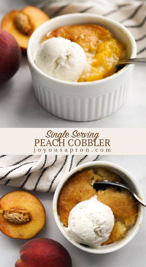 Single Serving Peach Cobbler - the perfect individual dessert for the summer! Peaches baked with a caramelized cake topping combined with vanilla ice cream. Yummy, easy and portion control! #dessert #peach #sweets #summer #cobbler #fruit #recipe #joyousapron Summer Cobbler, Mini Peach Cobbler, Peaches Baked, Ramekin Dessert, Joyous Apron, Ramekin Recipe, Desserts For One, Dessert In A Mug, Batch Baking