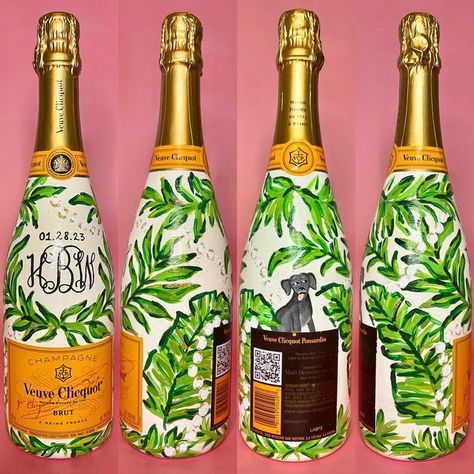 Party Garden Ideas, Wine Bottles Decor, Painted Champagne Bottles, Wine Bottle Painting, Bedazzled Liquor Bottles, Custom Champagne Bottle, Painting Bottles, Proposal Party, Last Disco