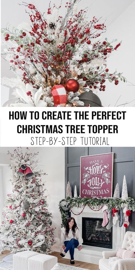 Change up your traditional Christmas tree toppers by creating your own! Simple and extremely affordable DIY project this holiday season. Christmas Tree Decor Diy Ideas, Christmas Trees Toppers, How To Top A Christmas Tree, Making A Christmas Tree Topper, How To Decor Christmas Tree, White Christmas Tree Topper Ideas, Christmas Treetops Tree Toppers, Top Of Tree Christmas Decor, Decorating Pencil Trees For Christmas