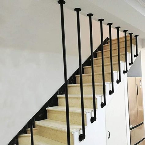 Amazon.com: YUDE-Wrought Iron L-Shaped Pipe Stair Handrail, Black Galvanized Pipe Bar Railing (Please Send Us Accurate Size Data After Purchase): Home & Kitchen Black Stair Railing, Pipe Railing, Metal Stair Railing, Wrought Iron Stair Railing, Rustic Stairs, Modern Stair Railing, Staircase Railing Design, Diy Staircase, Iron Stair Railing