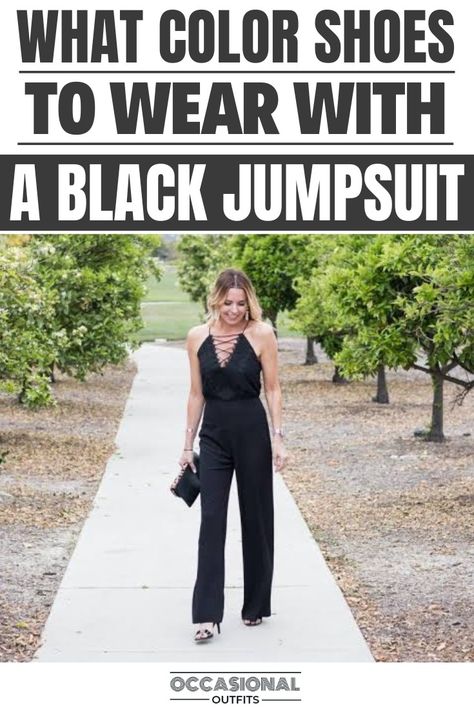 Woman wearing a black jumpsuit with heels Shoes With Black Jumpsuit Classy, Accessories With Black Jumpsuit, Shoes For Jumpers Outfit, Dress Up Black Jumpsuit, Jumpsuit Accessories Classy, Accessorize Jumpsuit, Black One Piece Jumpsuit Outfit, Black Jumpsuit Shoes, Black Jumpsuit With Blazer