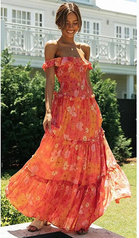 Anna-Kaci Women's Off Shoulder Dress Casual Ruffle Boho Floral Print Summer Beach Maxi Dresses, Orange, Medium at Amazon Women’s Clothing store Orange Flower Dress, فستان زهري, Blue Floral Sundress, Blue Polka Dot Dress, Top Wedding Dresses, Bandage Dress Bodycon, Faux Leather Dress, Floral Sundress, Summer Feeling