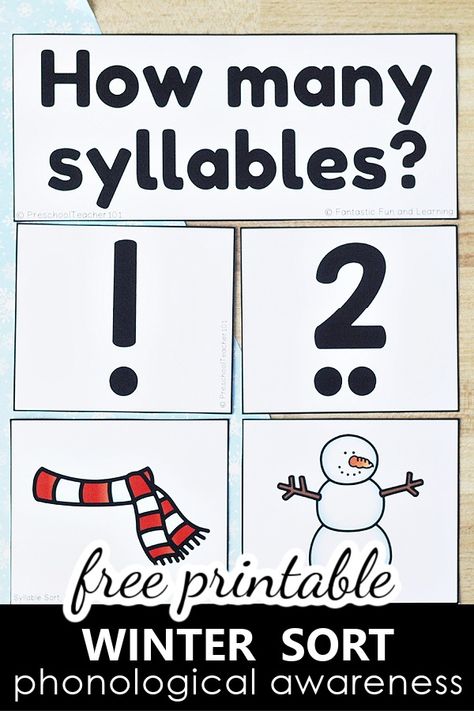 Winter Syllable Sort - Fantastic Fun & Learning Prek Phonological Awareness Activities, Syllables For Preschool, How To Teach Syllables In Preschool, Winter Literacy Activities Kindergarten, Winter Activities For Kindergarten Free, 10 On A Sled Activities, Syllables Activities Kindergarten, Winter Rhyming Activities Preschool, Syllable Segmentation Activities