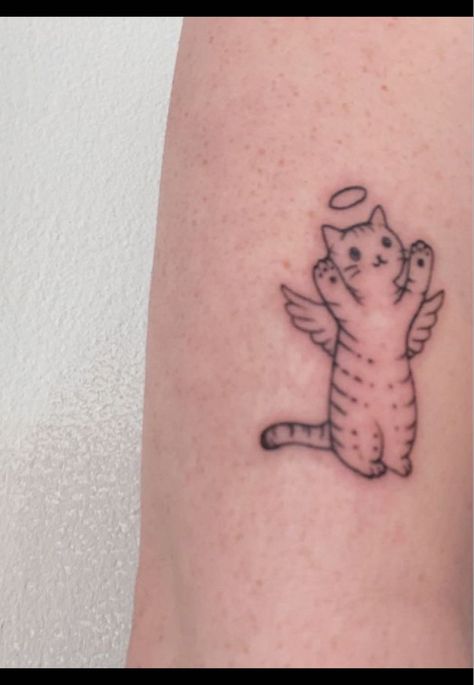 Cat Angel Wings Tattoo, Angel Kitty Tattoo, Memorial Tattoo For Cat, Cat Memorial Tattoo Ideas, Oreo Tattoo, Tattoos For Cats That Passed, Cat With Wings Tattoo, Cat Angel Tattoo, Angel Cat Tattoo