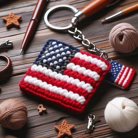 Crochet a patriotic keychain with an American flag design. Perfect for keys or bags, detailed step-by-step tutorial included. Crochet Keychains, Keychain Pattern, Keychain Craft, American Flag Design, Crochet Keychain Pattern, Crochet Wedding, Crochet Ornaments, Crochet Things, Crochet Christmas Ornaments