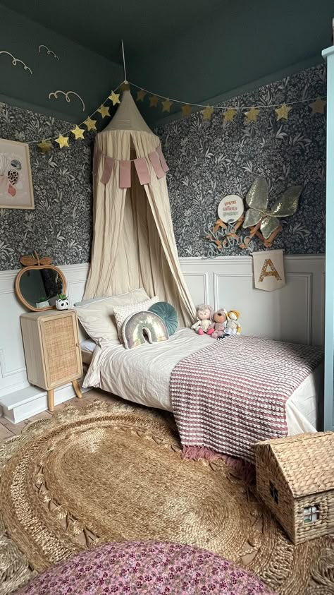 little_savage_life on Instagram: The girls room was such a mess it was actually easier to start again. And so calm is restored…in one room at least. #myrenostory… Fairytale Princess Bedroom, Moody Toddler Girl Room, Mauve Kids Bedroom, Magical Girls Bedroom, Whimsical Toddler Room, Whimsical Toddler Girl Room, Fairytale Kids Room, Girls Whimsical Bedroom, Whimsical Kids Bedroom