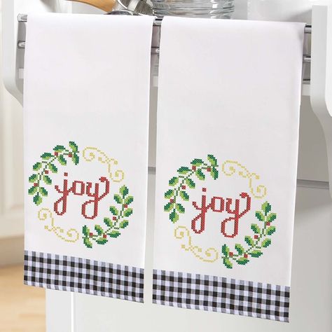 Herrschners® Holly & Joy Towel Pair Stamped Cross-Stitch Embroidering Machine, Vintage Needlework, Yarn Accessories, Fabric Display, Cotton Polyester Fabric, Baby Embroidery, Stocking Tree, Paper Craft Supplies, Ornament Kit