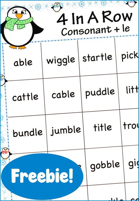 Fun winter themed activity for teaching consonant + le Consonant Le Activities, Consonant Le, Le Words, Syllables Activities, Letters Worksheets, Wilson Reading, Syllable Types, Bingo Chips, First Grade Literacy