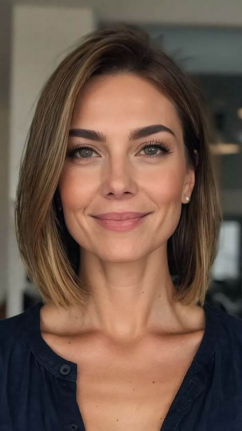 Hair All One Length Medium, All One Length Bob Medium, Mikado Haircut Short, Long Face Bob, Mikado Haircut, Mid Length Hair For Round Face, Medium Short Length Haircut, Straight Brown Bob, Bob Hairstyles Round Face