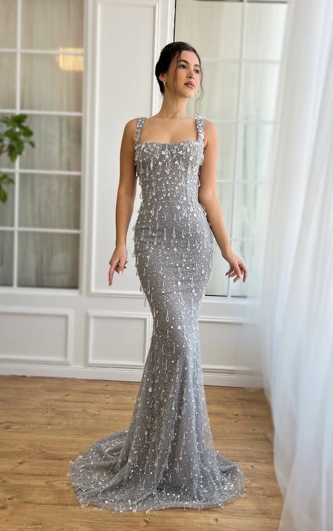 Sequin Mermaid Dress With Fitted Bodice For Gala, Glamorous Mermaid Dress With Sequins And Fitted Bodice, Elegant Sparkling Sequin Fabric For Gala, Silver Sequined Fitted Evening Dress, Fitted Silver Sequin Evening Dress, Sparkling Sequin Dress With Fitted Bodice For Gala, Fitted Silver Evening Dress With Sequins, Silver Sequined Sleeveless Gown, Silver Sleeveless Sequined Gown