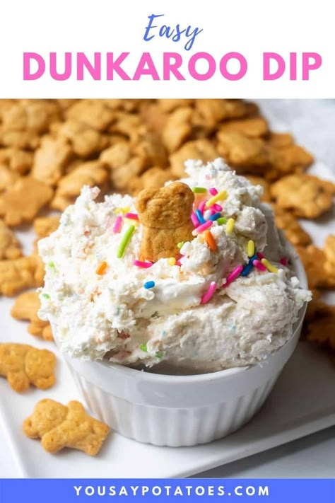 You're going to love this Dunkaroo Dip recipe! The childhood classic dip can now be made from scratch at home using simple ingredients. It is perfect for any party or get-together, and it's a great snack to enjoy with cookies or crackers. Best of all, this recipe is super easy to follow and only takes minutes to prepare! Dips With Animal Crackers, Teddy Gram Dip, Teddy Graham Dip, Teddy Graham Snack Ideas, Animal Cracker Dip, Dunkaroo Dip Recipe, Music Themed Birthday Party, Cookie Fries, Xmas Food Gifts