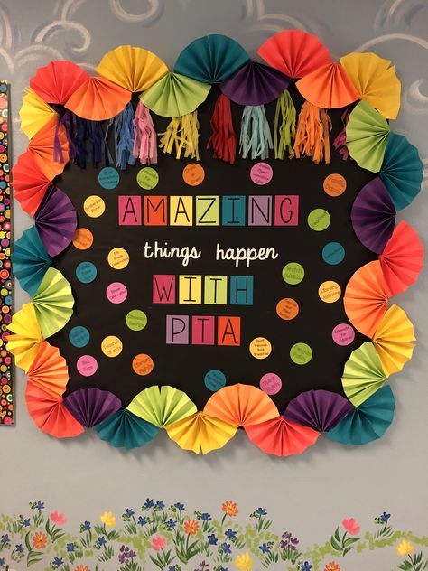 Black and brights PTA Bulletin board with a paper fan border! The circles include all of the events and functions that PTA puts on! #bulletinboard #bulletinboards #pta #rainbow #fanborder #brights #school Pta Bulletin Boards, Flower Bulletin Boards, Soft Board Decoration, Art Bulletin Boards, Bulletin Board Design, School Board Decoration, Preschool Classroom Decor, Bulletin Board Decor, Board Decoration