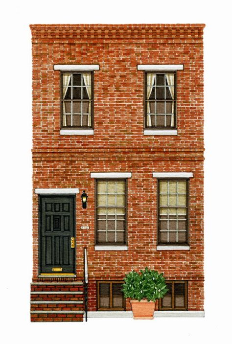 Brick House Illustration, Brick Building Drawing, Architectural House Drawing, Apartment Drawing, House Portrait Painting, Whimsical Art Paintings, Building Front, Building Drawing, Building Illustration