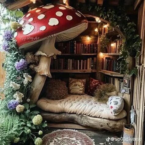 Fae Room Aesthetic, Mushroom Reading Nook, Cottagecore Furniture Ideas, Forest Themed Bedroom Decor, Fairycore House Interior, Goblincore Bedroom Decor, Fairycore Furniture, Whimsical Room Ideas, Mushroom House Interior