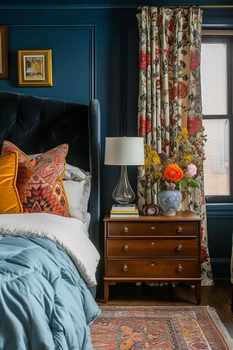 25 Eclectic-Style Bedroom Ideas for a Unique and Personalized Space - Roomy Retreat Eclectic Bedroom Nightstands, Maximalist Farmhouse Bedroom, Matching Furniture Bedroom, Mountain Eclectic Bedroom, Master Bedrooms 70s, Old World Eclectic Decor, Colorful Traditional Bedroom, Traditional Eclectic Decor Master Bedrooms, Blue Walled Bedrooms