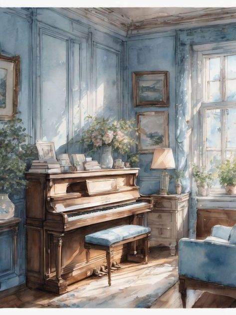 Vintage Bedroom Drawing, Vintage Piano Room, Bedroom Ideas Aesthetic Vintage, Blue Vintage Bedroom, Music Watercolor Painting, Vintage Blue Bedroom, Cottage Core Bedrooms, Watercolour Interior, Interior Design Watercolor