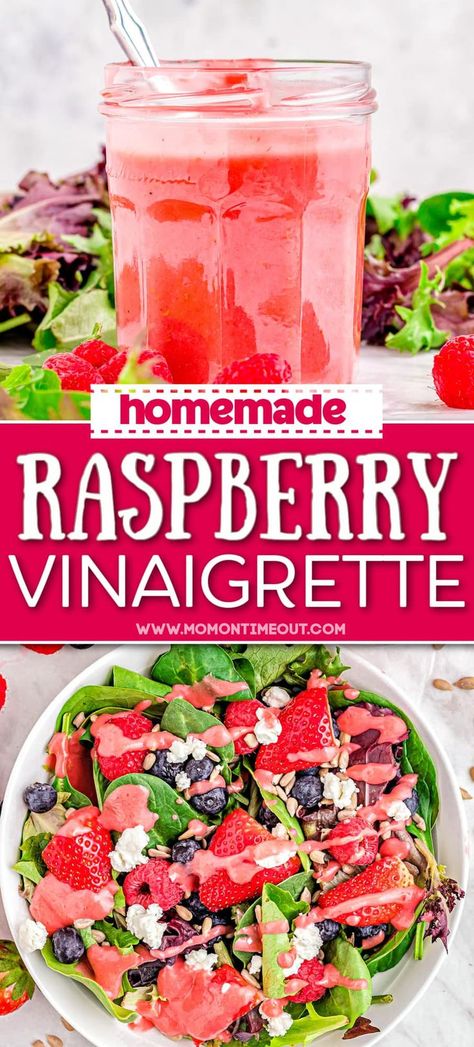 This Raspberry Vinaigrette recipe is perfectly sweet and tart and is a delicious addition to any salad recipe! Quick and easy to make! Vinegrette Recipe, Raspberry Salad Dressing, Raspberry Vinaigrette Recipe, Raspberry Vinaigrette Dressing, Raspberry Vinaigrette Salad, Raspberry Salad, Dressing Recipes Thanksgiving, Vinaigrette Dressing Recipe, Mom On Timeout