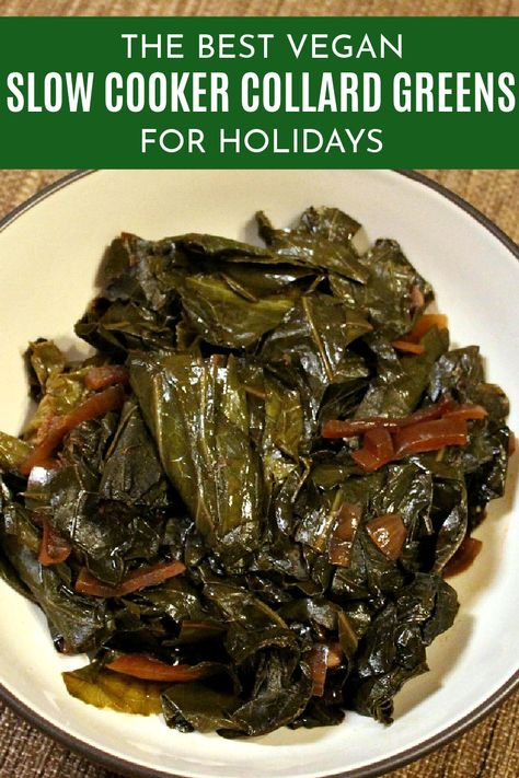 This vegan recipe shows you how to make healthy, Southern-style collard greens in a slow cooker—no meat, oil, or gluten needed. These smoky Crock Pot collard greens are flavorful and perfect for comfort food dinners or special occasions like Thanksgiving. Collard Greens No Meat Recipe, Slow Cooker Greens Collard, Vegan Collard Greens Recipe Southern, Collard Greens Crock Pot Southern Style, Greens Crockpot Recipe, Collard Greens With No Meat, Vegan Collards Recipes, Collard Greens Recipe No Meat, Vegan Southern Collard Greens