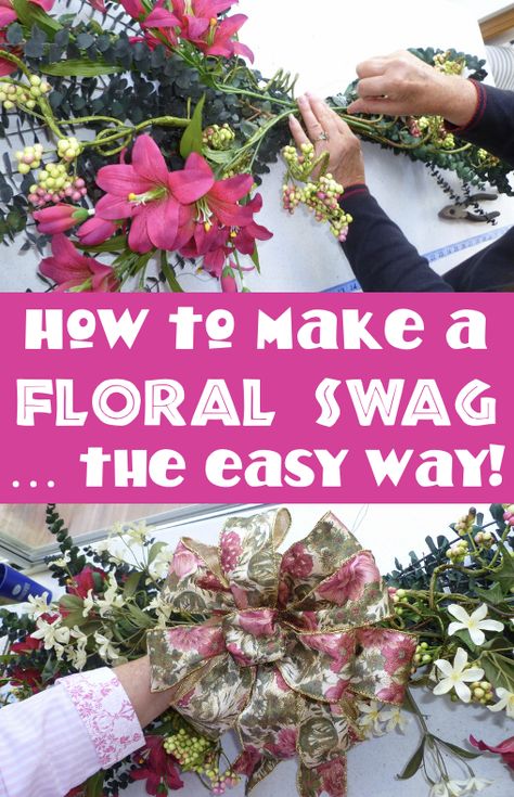 Floral Swag Flower Swags Diy How To Make, How To Make A Floral Swag For A Wedding, Spring Swag Wreath, How To Make A Door Swag Tutorials, How To Make Swags, How To Make A Pampas Grass Swag, Diy Flower Swag, How To Make A Swag Wreath Tutorials, How To Make A Christmas Swag Tutorials