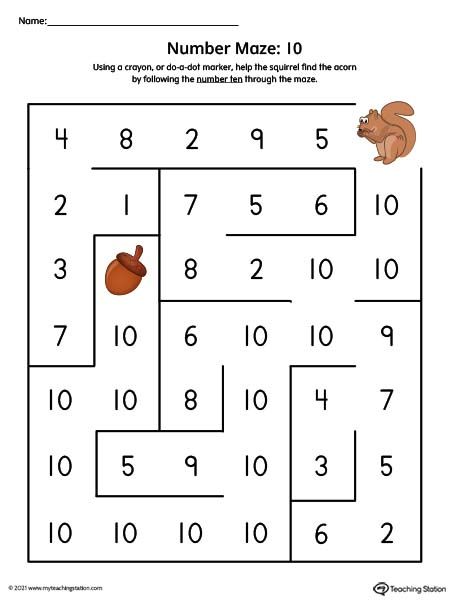 Number Maze Printable Worksheet: 10 (Color) Worksheet.Number ten maze printable activity for preschool kids. Available in color. Number Ten Worksheet Preschool, Number Concept Worksheets, Number 10 Activities For Preschool, Number 10 Worksheet Preschool, Number 10 Activities, Number Maze Worksheets, Number 10 Worksheet, Preschool Math Curriculum, Basic Math Worksheets