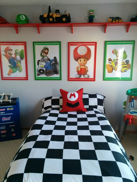 Mario Brothers themed Bedroom Diy Super Mario Bedroom Decorations, Mario And Luigi Room Ideas, Subtle Mario Bedroom, Kids Mario Bedroom, Super Mario Bedroom Decor, Super Mario Brothers Bedroom Ideas, Mario Brothers Room Ideas, Mario Room Decor Ideas, Diy Mario Bedroom