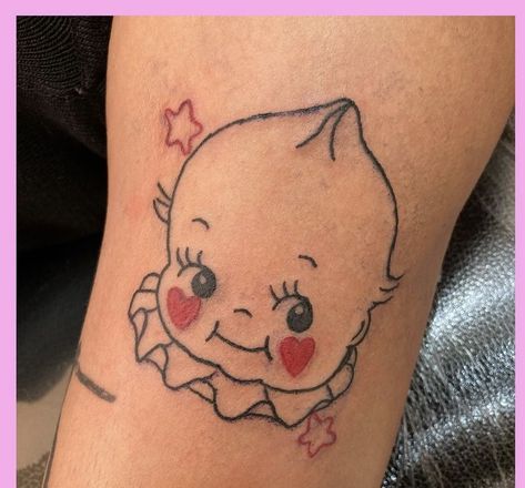 Simple Kewpie Tattoo, Kewpie Head Tattoo, Baby Clown Tattoo, Kitschy Tattoo, Kewpie Baby Tattoo, Kewpie Drawing, Kewpie Clown, Dopamine Tattoo, Kewpie Tattoo