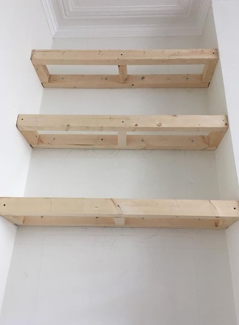 Pallet Wood Floating Shelves, How To Make Floating Box Shelves, Floating Wood Box Shelves, Shanty 2 Chic Floating Shelves, Turning Floatinf Cabinets Into Shelves, Kitchen Color Scheme, Kitchen Decor Hacks, Diy Kitchen Hacks, Alcove Units