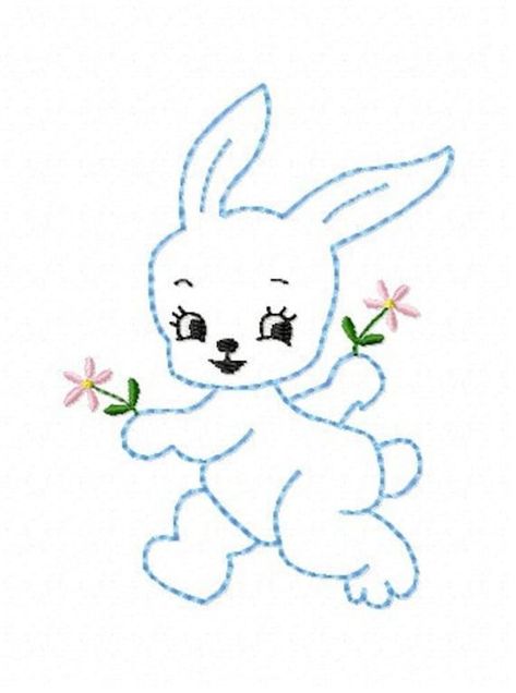 "BABY BUNNY Machine Embroidery Design (You must have an embroidery machine to stitch this design) 4\" X 4\" HOOP This design is adapted from a vintage embroidery pattern and digitized for machine embroidery in color backstitch. Combine this design with mty other Baby Animal designs to create your own quilt blocks, bibs and more. They will be sure to become a treasured heirloom. PLEASE NOTE: You are purchasing the Bunny design only. The last picture is a sample of the coordinating designs available in my store. Customer Comments  \"I bought your first set of baby Animals a while back and love the way they stitch out! Thanks\" N  These are high quality, affordable machine embroidery designs. All of my designs are manually punched by me. I don't use automatic digitizing software and take grea Running Stitch Embroidery Design Ideas, Simple Flower Embroidery Designs, Back Stitch Embroidery, Eid Photos, Aari Design, Embroidery Designs Baby, Sewing Collars, Bunny Embroidery, Bunny Design