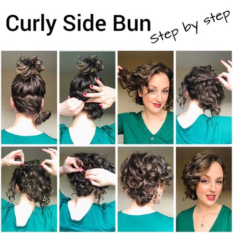 Curly Side Bun, Side Buns, Curly Hair Dos, Healthy Curly Hair, Curly Hair Up, Hair Sports, Hairstyles Pigtails, Side Bun, Curly Hair Updo