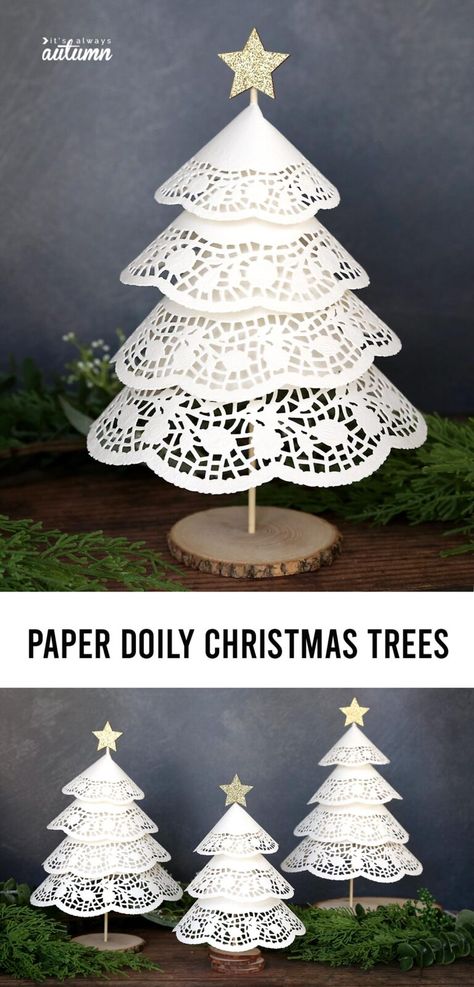 Pretty paper doily Christmas trees are made with inexpensive supplies from the Dollar Store! Doily Christmas Tree, Maquillaje Simple, Paper Doily Crafts, Lace Christmas Tree, Paper Flowers Wall Decor, Christmas Tree Base, Doilies Crafts, Vintage Christmas Crafts, Christmas Crafts For Adults