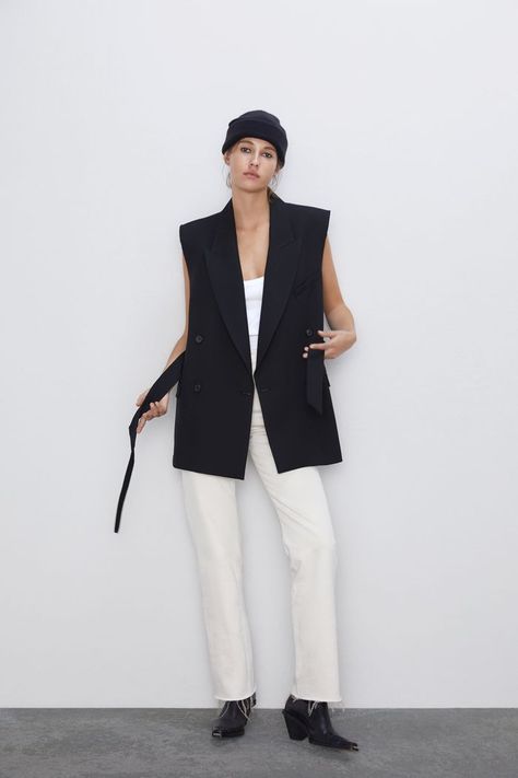 Zara Belted Vest Vest Blazer Outfit, Blazer Vest Outfit, Oversized Waistcoat, Sleeveless Blazer Outfit, Long Vest Outfit, Black Vest Outfit, Painting Jeans, Waistcoat Outfit, Vest Outfits For Women