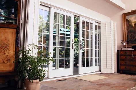 French Doors With Sidelights, Sliding Glass Door Blinds, Sliding French Doors Patio, French Doors Patio Exterior, Patio Door Blinds, French Doors Bedroom, Sliding Glass Doors Patio, Louvered Shutters, Sliding French Doors