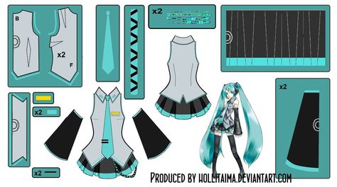 Hatsune Miku Main outfit Cosplay Design Draft by Hollitaima.deviantart.com on @deviantART Pattern Cosplay Miku, Cosplay Design, Patron Vintage, Miku Cosplay, Cute Sewing Projects, Diy Costume, Cosplay Tutorial, Costume Patterns, Cosplay Diy