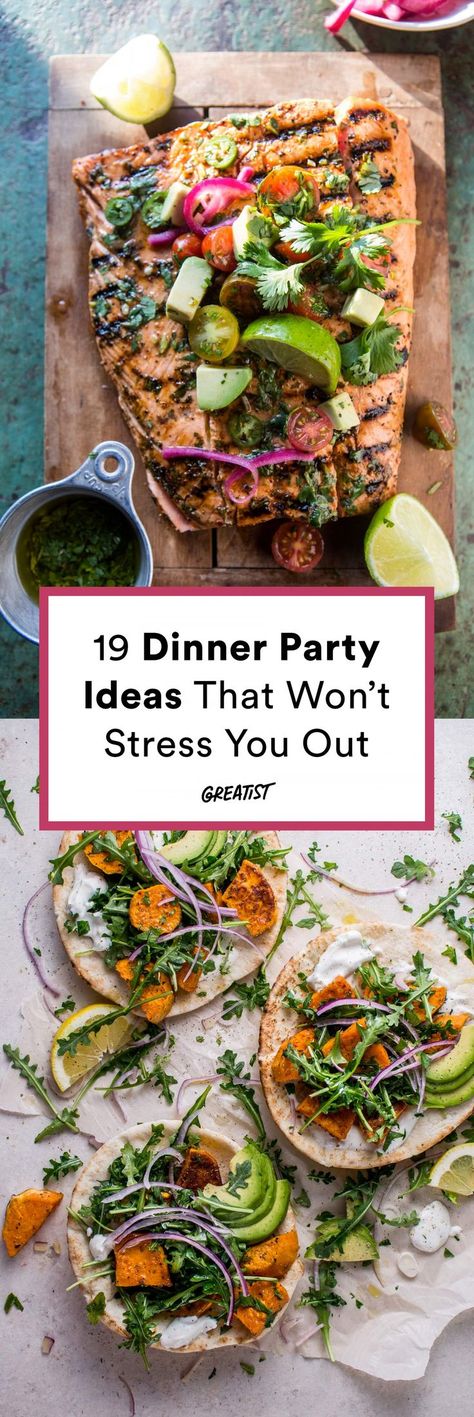 Kick up your feet and pour a glass of wine because dinner is ready before your guests even arrive. #greatist https://greatist.com/eat/easy-dinner-party-ideas Easy Party Entrees, Dinner Party Entrees, Party Entrees, Easy Dinner Party Recipes, Dinner Party Summer, Holiday Dinner Party, Dinner Club, Dinner Party Menu, Dinner Party Ideas