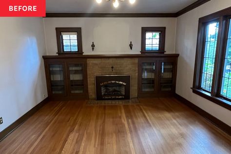 empty parlor with wood floor, white walls, and wood trim Dark Stain Trim, Craftsman Living Room, Dark Wood Trim, Brighten Room, Bungalow Interiors, Apartment Painting, Blue Floral Wallpaper, Room Decor Dark, Dark Living Rooms