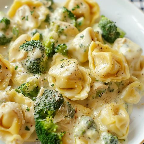 Cheesy Chicken Broccoli Tortellini Chicken Tortellini With Broccoli, Broccoli Chicken Tortellini, Creamy Broccoli Tortellini, Creamy Tortellini Broccoli Bake, Chicken Broccoli Tortellini Crockpot, Cheese Tortellini Broccoli Recipes, Chicken Broccoli Tortellini Soup, Creamy Broccoli Tortellini Bake, Broccoli Alfredo Tortellini